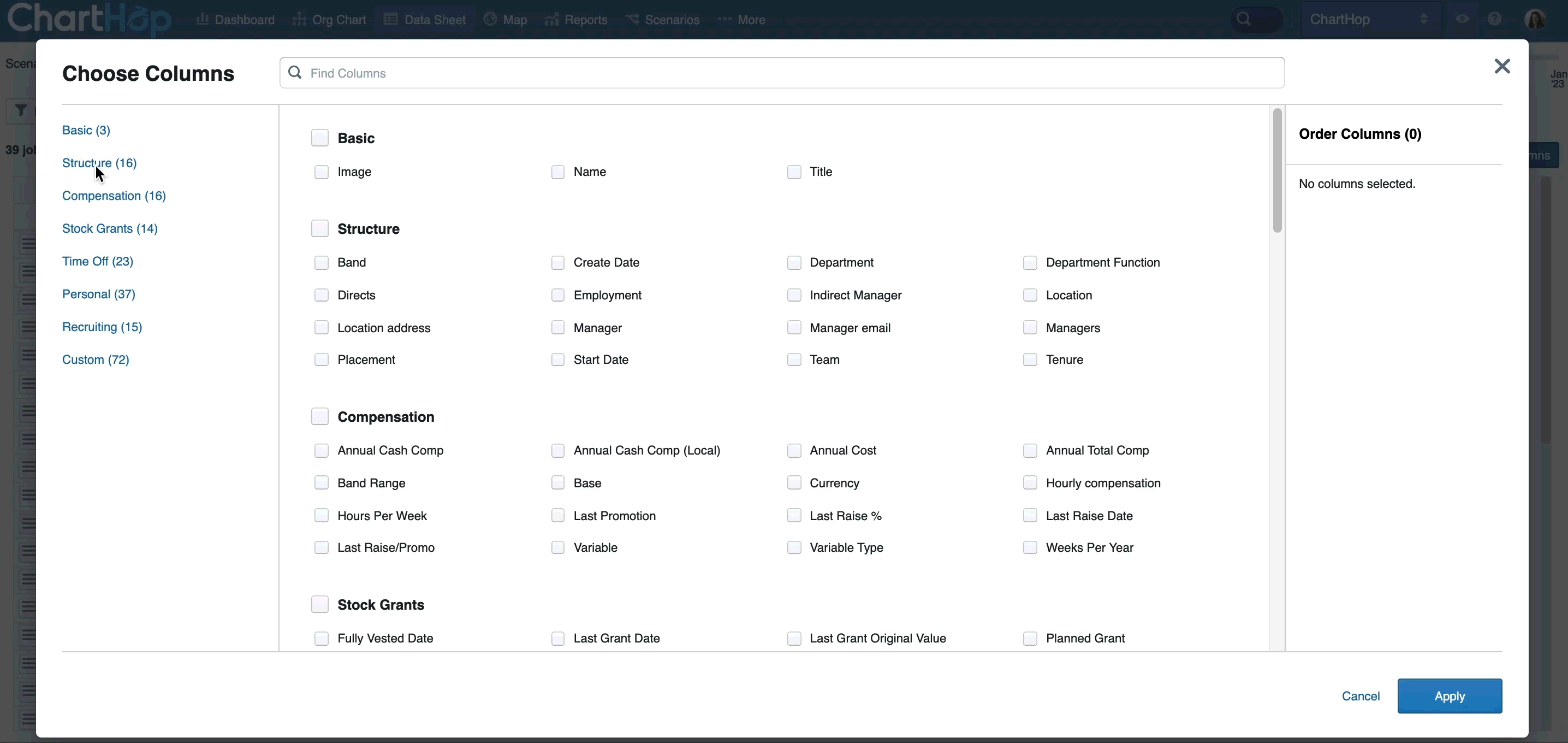 column chooser search through fields